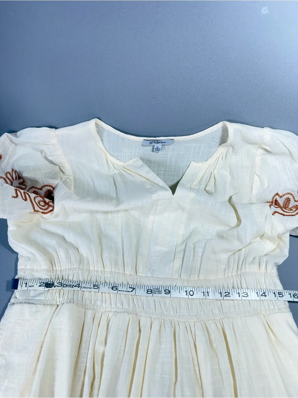 Polagram Cream & Brown Embroidered Notch Neck Short Sleeve Maxi Dress